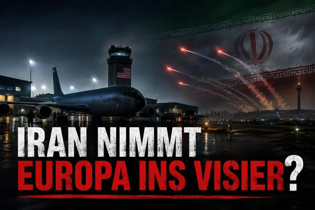 Nächtliche Militärbasis mit US-Air-Force-Flugzeug, iranischer Symbolik und mehreren Raketen am Himmel