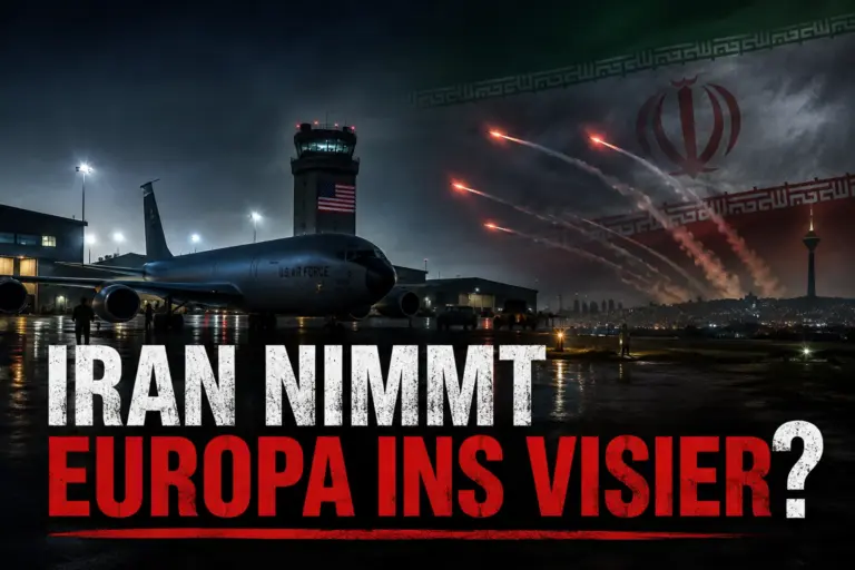 Iran prüft Ziele in Europa - Wie ernst ist Teherans Drohung? 11 Nächtliche Militärbasis mit US-Air-Force-Flugzeug, iranischer Symbolik und mehreren Raketen am Himmel