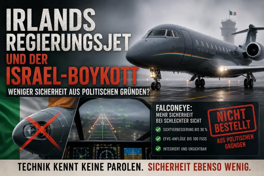 Redaktionelle Montage mit irischem Regierungsjet, FalconEye-Sensor und Cockpitansicht bei schlechter Sicht