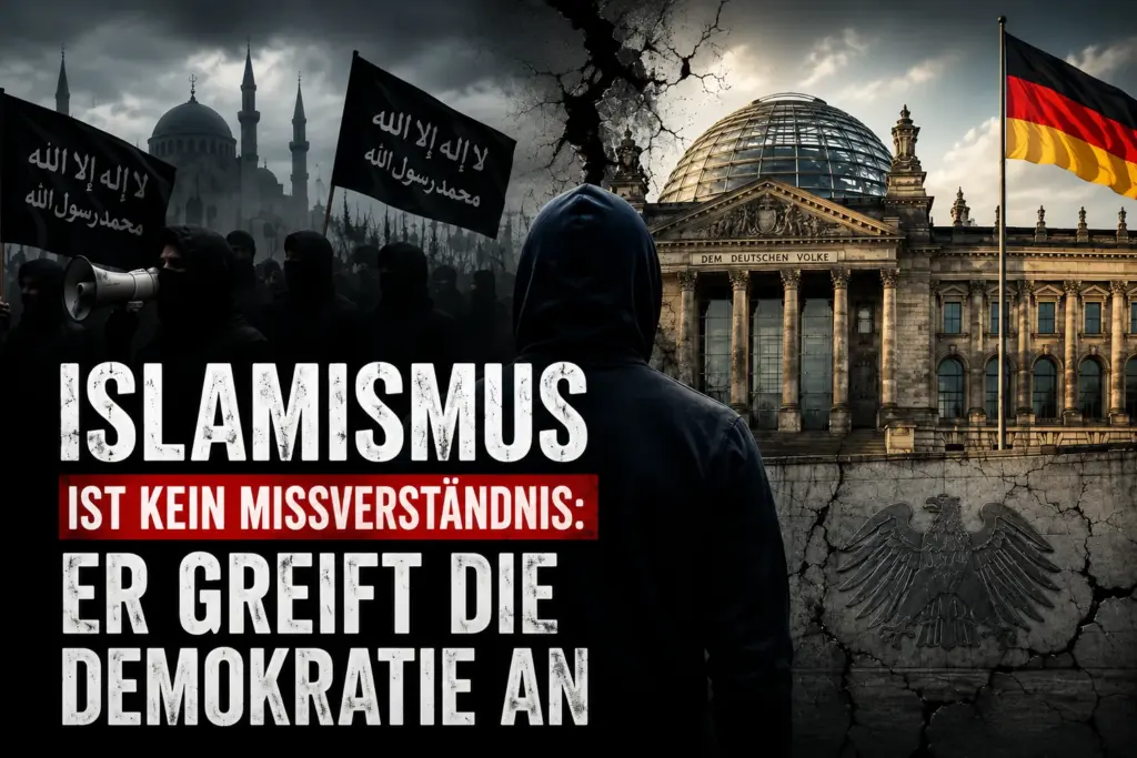 Symbolische Montage mit vermummten Demonstranten, schwarzen Fahnen, Reichstag und deutscher Flagge