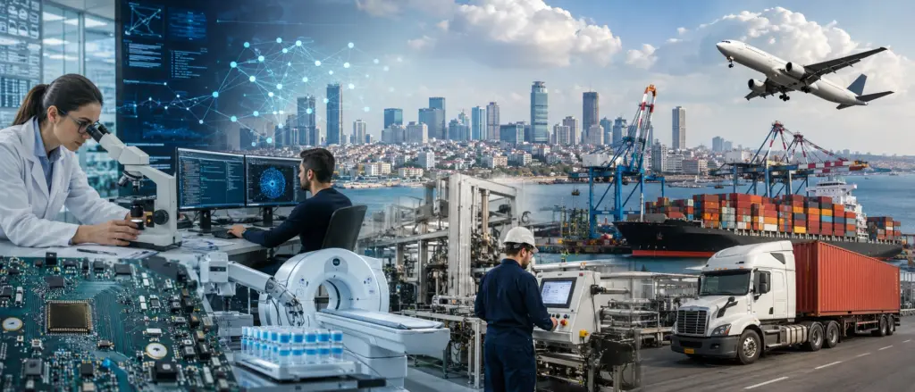 Israels Exportwirtschaft zwischen Hightech und Industrie Israels Exportwirtschaft mit Hightech-Forschung, Medizintechnik, Industrie, Hafenlogistik und internationalem Frachtverkehr