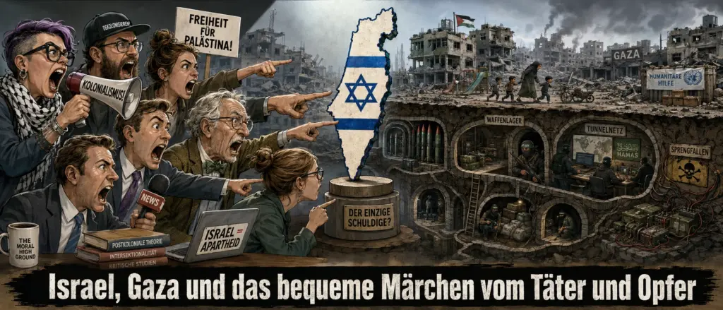 Israel, Gaza und das bequeme Täter-Opfer-Märchen Politische Karikatur zu Israel, Gaza und dem Täter-Opfer-Narrativ mit westlichen Kritikern links und sichtbarer Hamas-Infrastruktur unter Gaza rechts