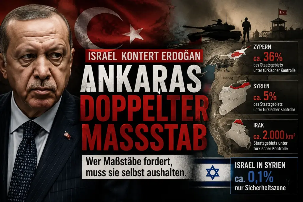 Erdoğan vor türkischer Flagge, Militärmotiven und Infografik zu Zypern, Syrien, Irak und Israels Sicherheitszone.