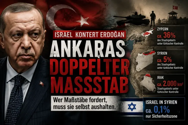 Erdoğan vor türkischer Flagge, Militärmotiven und Infografik zu Zypern, Syrien, Irak und Israels Sicherheitszone.