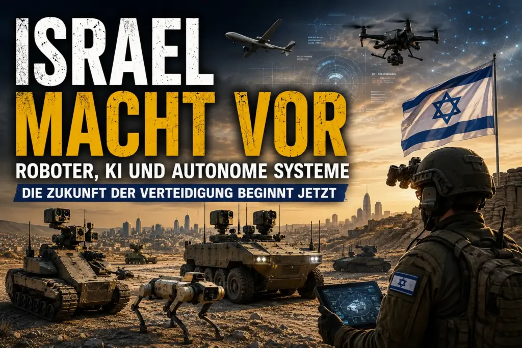 Israelische autonome Fahrzeuge, Drohnen und Robotiksysteme mit Soldat und israelischer Flagge