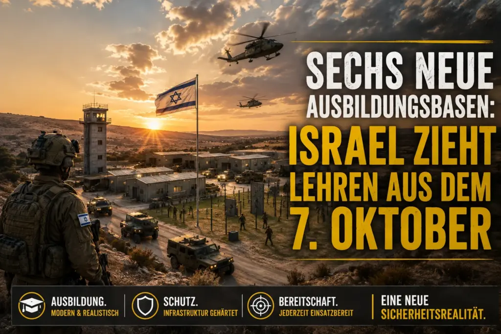 Symbolische israelische Ausbildungsbasis mit Soldat, Militärfahrzeugen und Hinweis auf die Lehren des 7. Oktober
