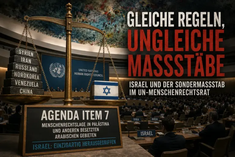 Symbolische Waage im UN-Menschenrechtsrat mit Israel und mehreren anderen Staaten gegenübergestellt