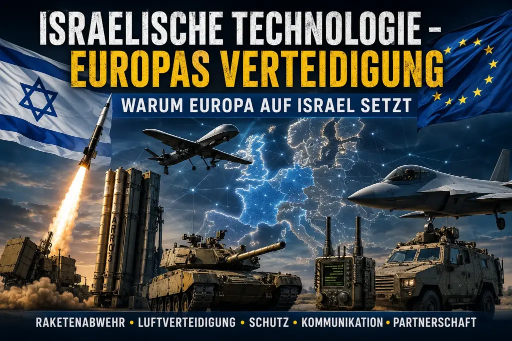 Titelbild zu israelischer Verteidigungstechnologie für Europa mit Raketenabwehr, Drohne, Panzer, Kampfjet sowie israelischer und europäischer Flagge
