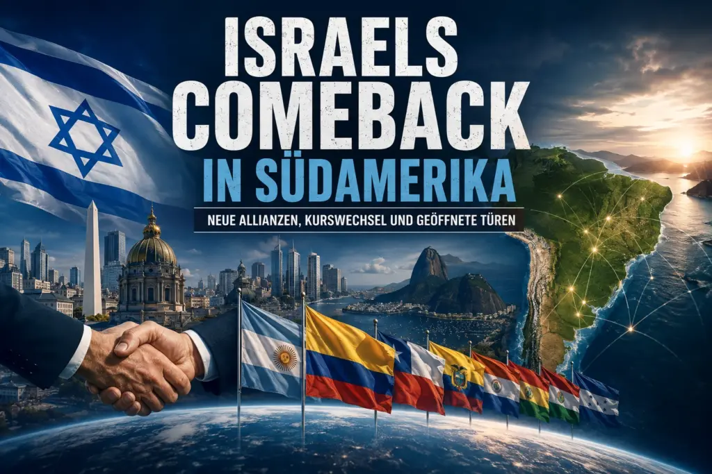 Israel-Flagge, Handschlag und Südamerika mit mehreren Länderflaggen als Symbol neuer Partnerschaften