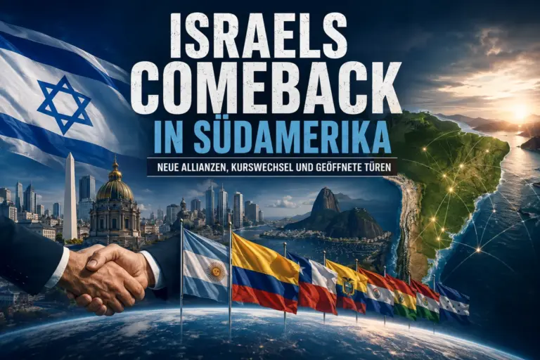 Israels Comeback in Südamerika: Die Fronten verschieben sich 3 Israel-Flagge, Handschlag und Südamerika mit mehreren Länderflaggen als Symbol neuer Partnerschaften