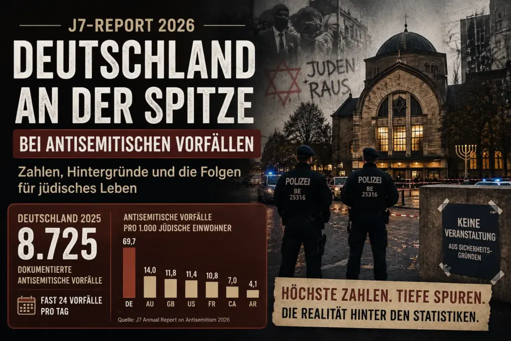Redaktionelles Beitragsbild zum J7-Bericht 2026 mit Synagoge, Polizeischutz und 8.725 dokumentierten antisemitischen Vorfällen in Deutschland