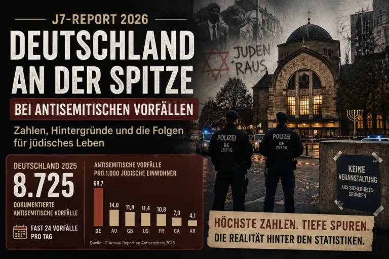 Judenhass-Weltmeister Deutschland? Was die Zahlen wirklich belegen 12 Redaktionelles Beitragsbild zum J7-Bericht 2026 mit Synagoge, Polizeischutz und 8.725 dokumentierten antisemitischen Vorfällen in Deutschland