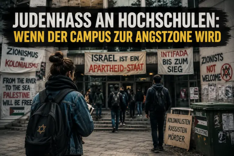 Symbolische Darstellung einer jüdischen Studentin vor einem Universitätsgebäude mit antiisraelischen und antisemitischen Protestbotschaften.