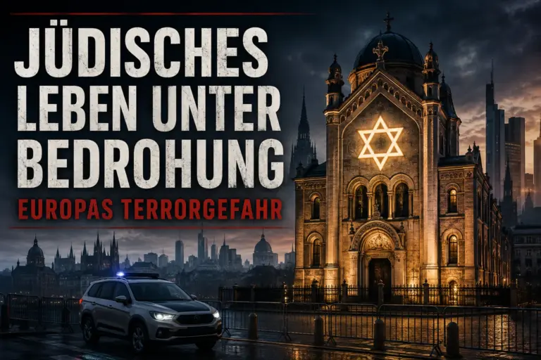 Europäische Synagoge bei Dämmerung unter Polizeischutz mit der Überschrift Jüdisches Leben unter Bedrohung