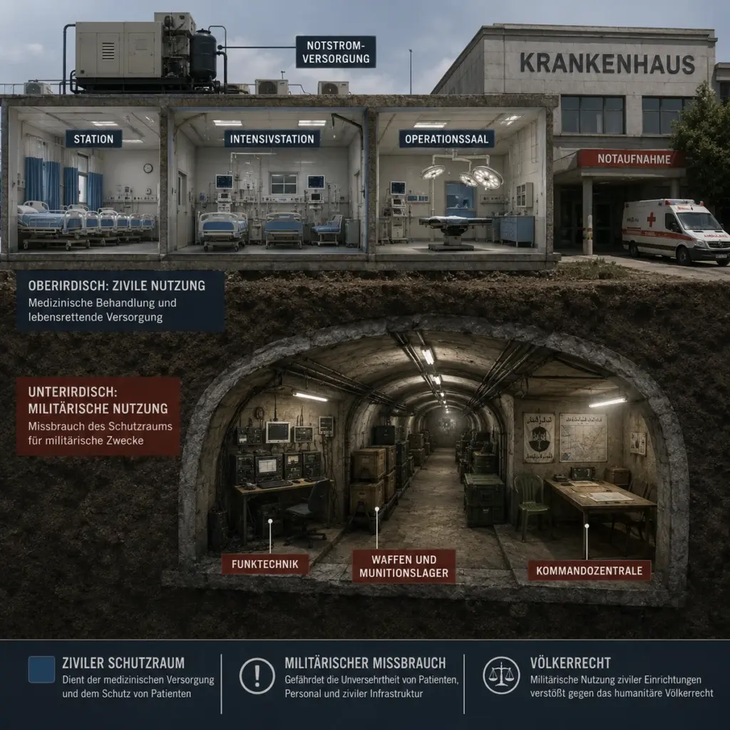 Völkermordvorwurf gegen Israel: Was uns die Fakten zeigen 4 Redaktionelles Schnittbild eines Krankenhauses mit medizinischer Versorgung oberhalb und militärisch genutztem Tunnel mit Funktechnik, Waffenlager und Kommandoraum darunter