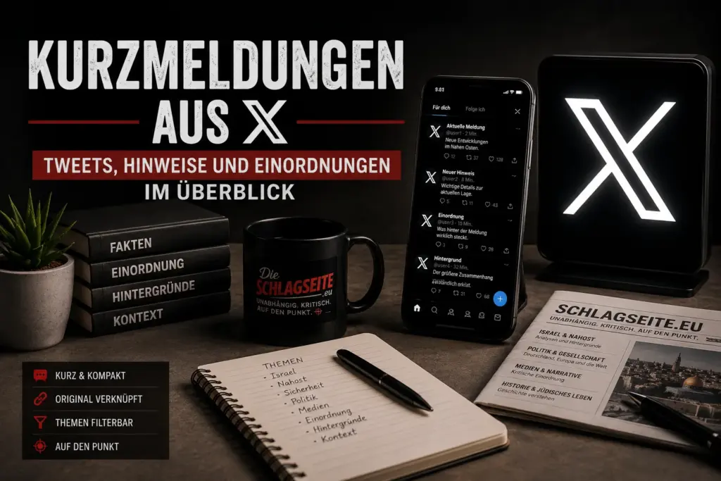 Titelmotiv mit X-Logo, Smartphone, Themenbüchern und SCHLAGSEITE.eu-Materialien zu aktuellen Kurzmeldungen.