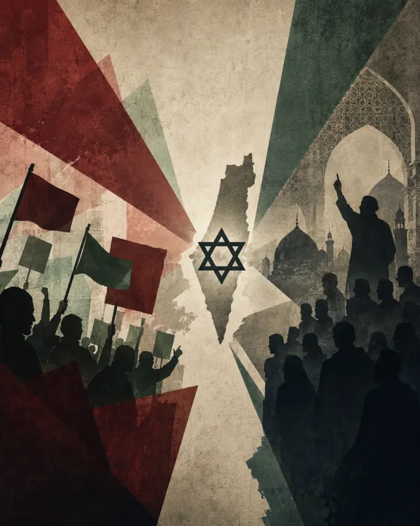 Redaktionelle Collage zur ideologischen Schnittmenge von links-antiimperialistischem und islamistischem Antisemitismus mit Israel als gemeinsamem Feindbild