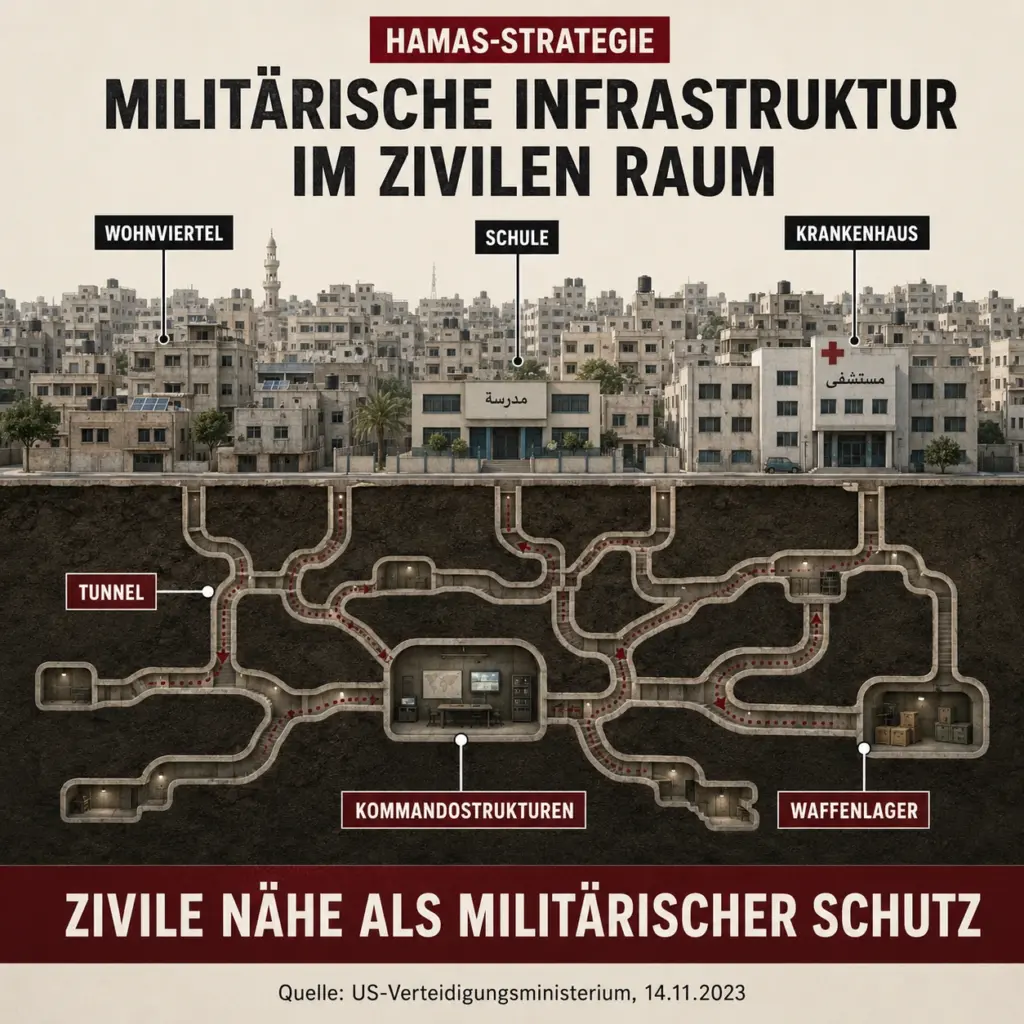 Schnittbild einer dicht bebauten Stadt mit Wohnviertel, Schule, Krankenhaus und unterirdischem Tunnelsystem mit Kommando- und Lagerbereichen