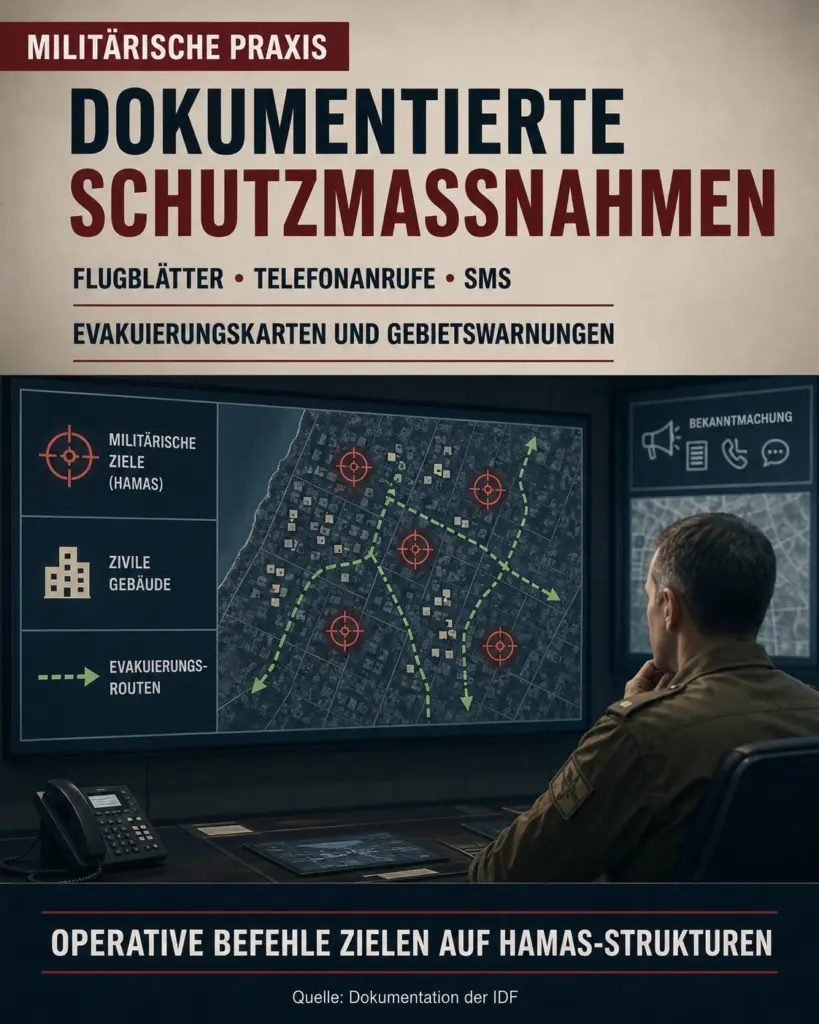 Infografik mit digitalem Lagebildschirm, markierten Hamas-Zielen, zivilen Gebäuden, Evakuierungsrouten und einem Offizier von hinten