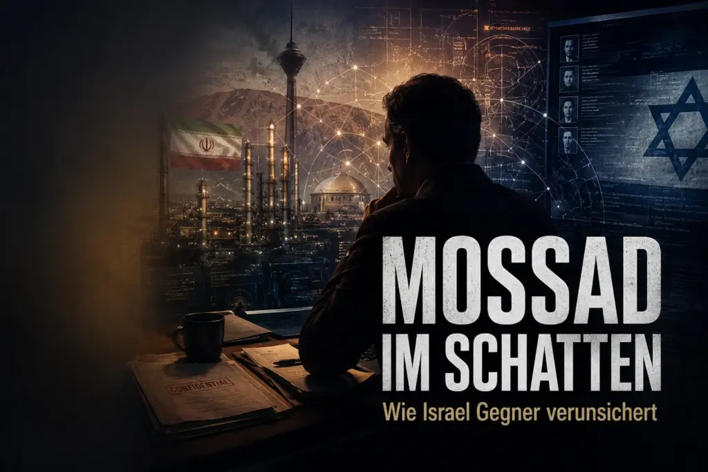 Symbolische Darstellung eines israelischen Geheimdienstmitarbeiters vor iranischen Industrieanlagen und digitalen Überwachungsstrukturen