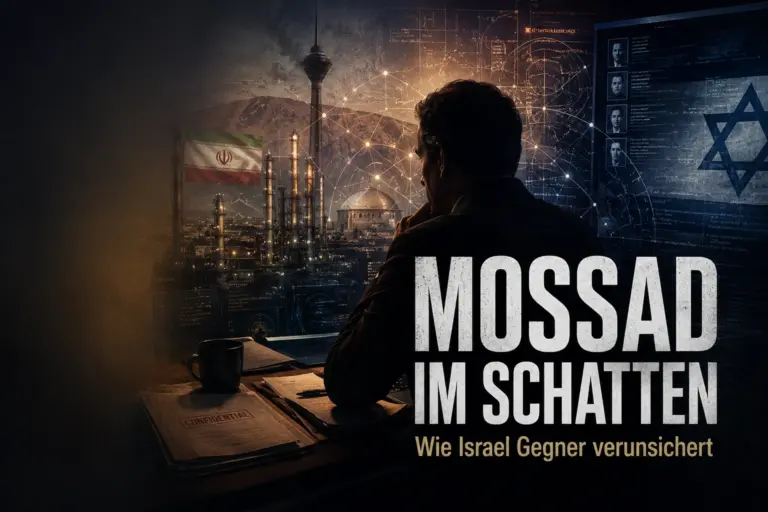 Mossad im Schatten: Wie Israel seine Feinde unter Druck setzt 12 Symbolische Darstellung eines israelischen Geheimdienstmitarbeiters vor iranischen Industrieanlagen und digitalen Überwachungsstrukturen
