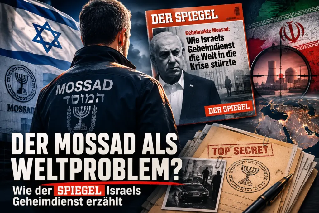 Symbolische Montage mit Mossad-Agent, israelischer Flagge, SPIEGEL-Titelbild und iranischer Nuklearanlage