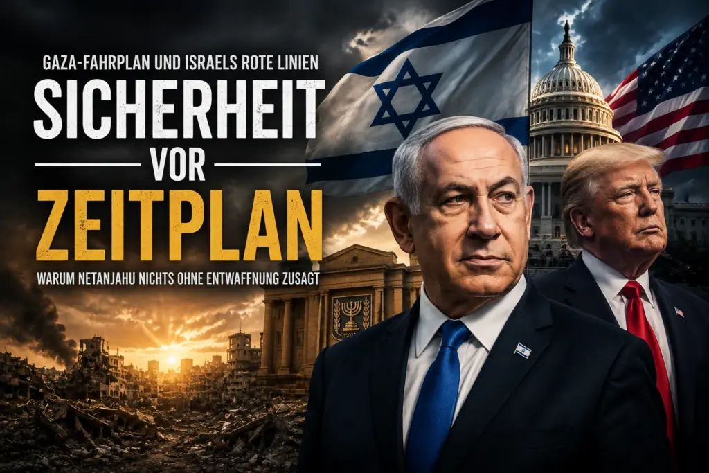 Benjamin Netanjahu und Donald Trump vor israelischer und amerikanischer Staatssymbolik, symbolische politische Montage
