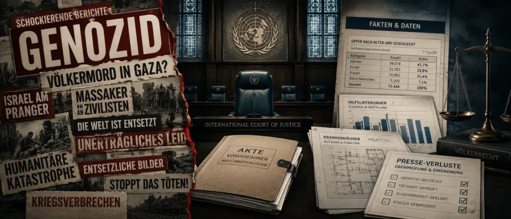 Völkermordvorwurf gegen Israel: Was uns die Fakten zeigen 1 Journalistische Collage mit Genozid-Schlagzeilen, internationalem Gerichtssaal, geschlossener Verfahrensakte, Datentabellen und Waage