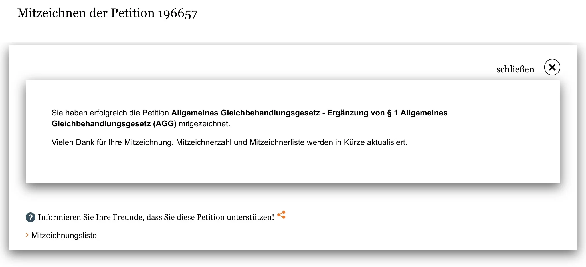 Bestätigung der erfolgreichen Mitzeichnung der Petition 196657 zum Allgemeinen Gleichbehandlungsgesetz