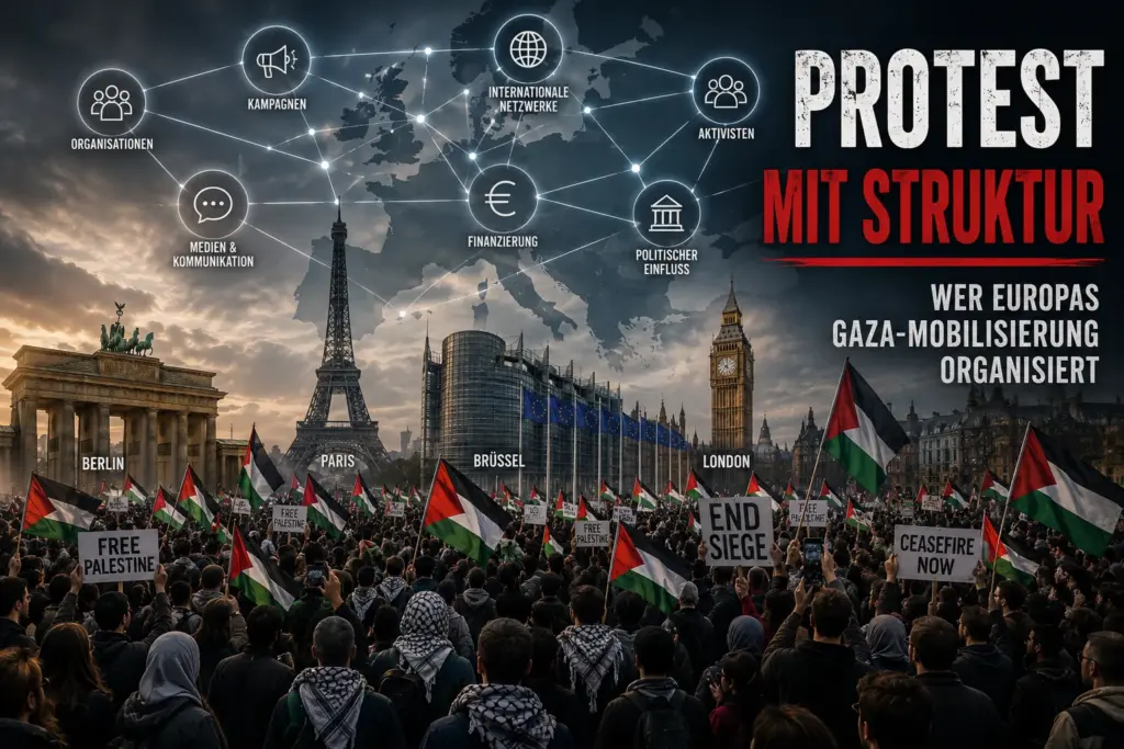 Europäische Gaza-Demonstration mit palästinensischen Flaggen, politischen Wahrzeichen und schematisch dargestellten Netzwerkstrukturen