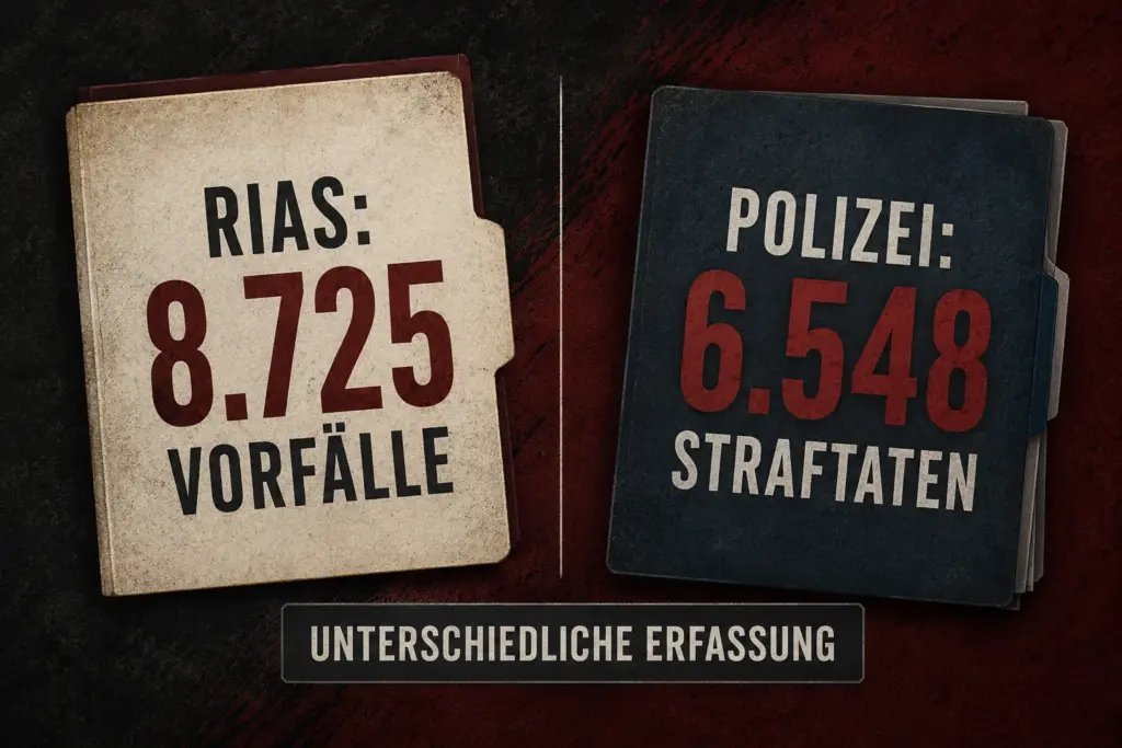 Vergleich von 8.725 durch RIAS dokumentierten antisemitischen Vorfällen und 6.548 polizeilich erfassten antisemitischen Straftaten im Jahr 2025