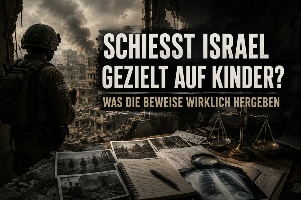 Symbolisches Titelbild mit israelischem Soldaten, Ermittlungsunterlagen und zerstörter Stadtlandschaft in Gaza