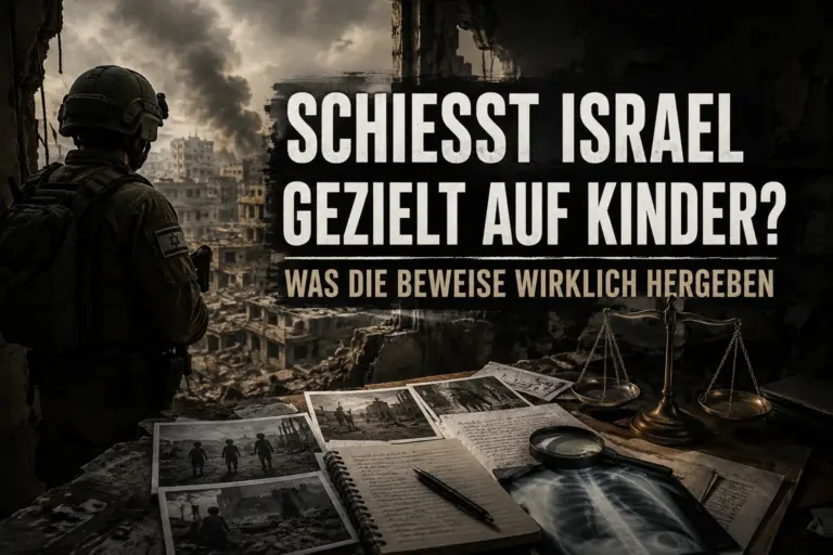 Schießt Israel gezielt auf Kinder? Was die Beweise wirklich hergeben 8 Symbolisches Titelbild mit israelischem Soldaten, Ermittlungsunterlagen und zerstörter Stadtlandschaft in Gaza