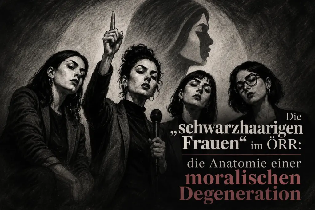 Symbolische Darstellung von vier schwarzhaarigen Frauen vor einer schemenhaften Frauenfigur zum Gastbeitrag über den ÖRR