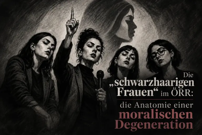 Die "schwarzhaarigen Frauen" im ÖRR: die Anatomie einer moralischen Degeneration 2 Symbolische Darstellung von vier schwarzhaarigen Frauen vor einer schemenhaften Frauenfigur zum Gastbeitrag über den ÖRR