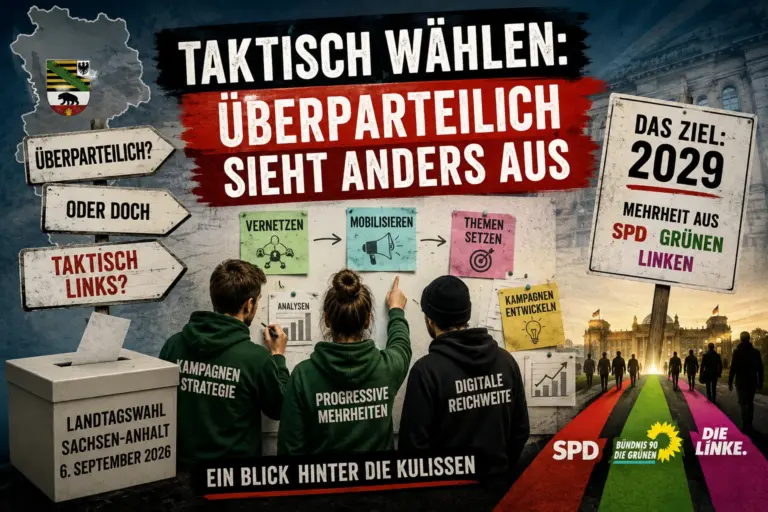 Taktisch Wählen: Wie überparteilich ist die Kampagne? 6 Politische KI-Collage zu „Taktisch Wählen“ mit progressiver Kampagnenstrategie und Ziel 2029