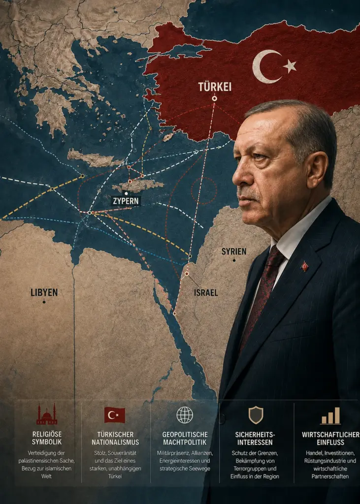 Türkische Machtpolitik: Wie Erdoğan Israel herausfordert 4 Recep Tayyip Erdoğan vor einer geopolitischen Karte mit korrekt markierter Türkei, Zypern, Syrien, Israel und Libyen sowie strategischen Verbindungen im östlichen Mittelmeer.