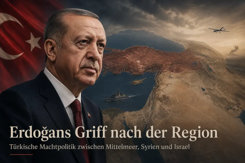 Recep Tayyip Erdoğan vor einer geopolitischen Karte des östlichen Mittelmeers mit Türkei, Syrien und Israel sowie türkischer Drohne und Kriegsschiff.
