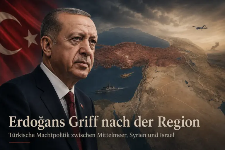 Türkische Machtpolitik: Wie Erdoğan Israel herausfordert 6 Recep Tayyip Erdoğan vor einer geopolitischen Karte des östlichen Mittelmeers mit Türkei, Syrien und Israel sowie türkischer Drohne und Kriegsschiff.