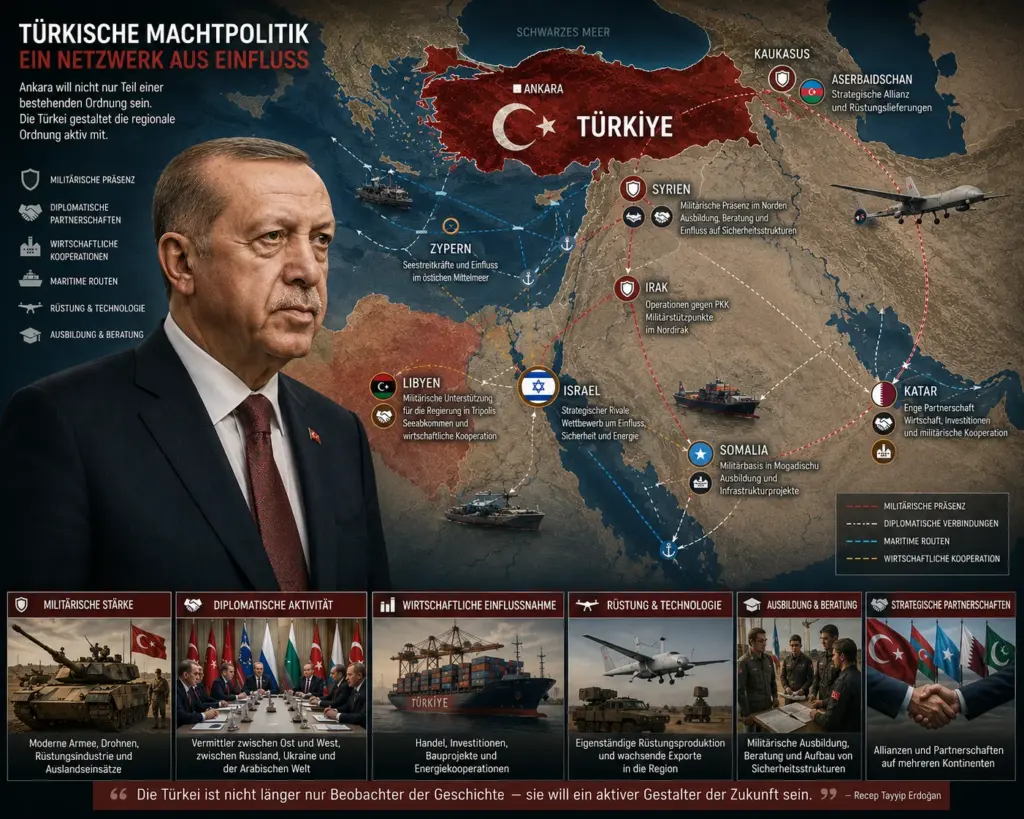Türkische Machtpolitik und regionaler Einfluss Recep Tayyip Erdoğan vor einer geopolitischen Karte mit türkischen Einflusslinien nach Syrien, Irak, Libyen, Somalia, Katar, Aserbaidschan und Israel.