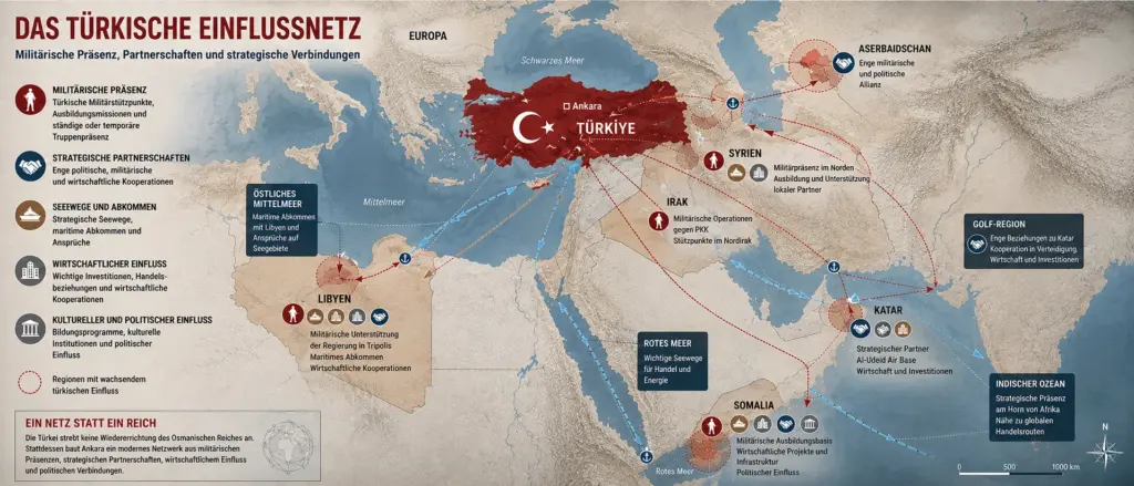 Türkische Machtpolitik: Wie Erdoğan Israel herausfordert 2 Journalistische Karte zum türkischen Einflussnetz mit korrekt markierten Standorten in Libyen, Syrien, Irak, Katar, Somalia und Aserbaidschan sowie strategischen Seewegen.