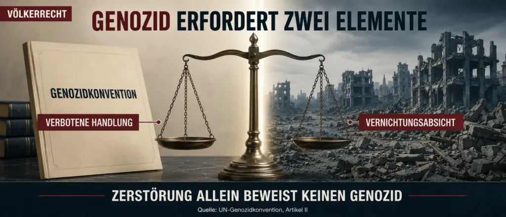 Infografik mit Genozidkonvention, Gerichtswaage und zerstörter Stadtlandschaft zur rechtlichen Definition des Genozids