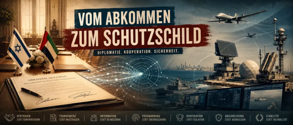 Vom Abkommen zum Schutzschild Magazin-Collage zu den Abraham-Abkommen mit israelischer und emiratischer Flagge, Abkommensdokument und gemeinsamer Luftverteidigung am Persischen Golf.