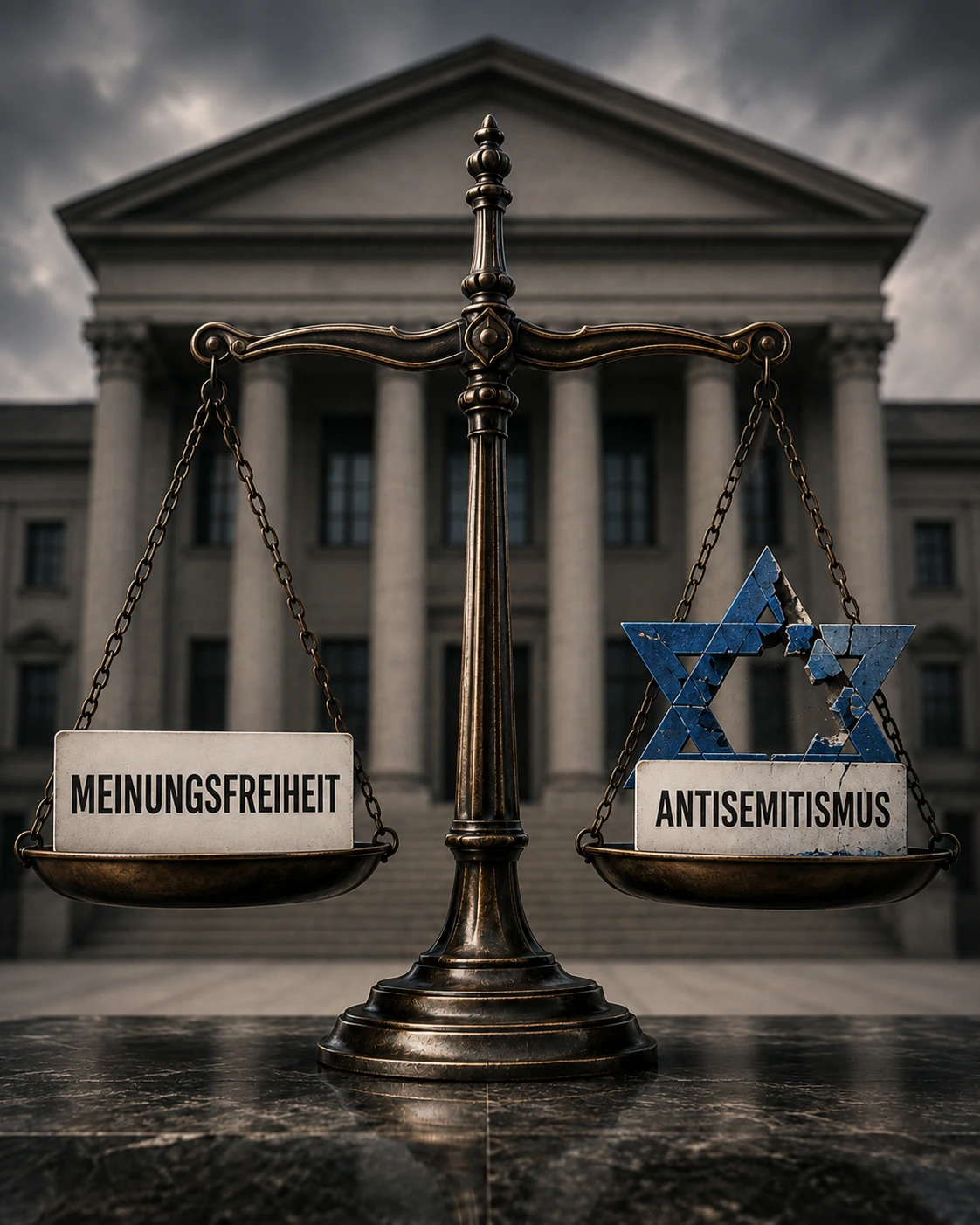 Waage mit Meinungsfreiheit und beschädigtem Davidstern vor einem Gerichtsgebäude