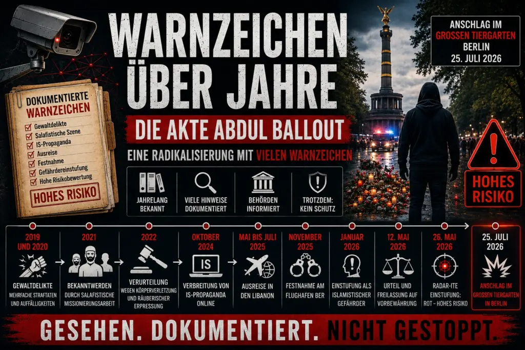 Zeitleiste der Radikalisierung Abdul Ballouts von frühen Gewaltdelikten bis zum Anschlag im Juli 2026