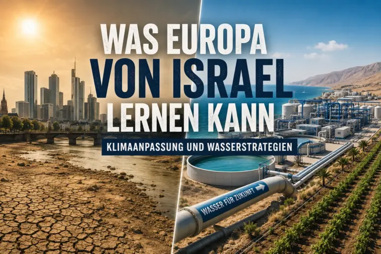 Klimaanpassung: Was Europa von Israel lernen kann. 8 Geteilte Darstellung mit ausgetrockneter europäischer Stadtlandschaft und israelischer Wasserinfrastruktur an der Küste