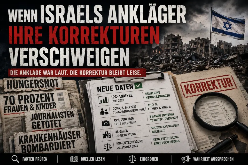 Schlagzeilen gegen Israel stehen korrigierten Daten, Quellen und einer israelischen Flagge gegenüber.