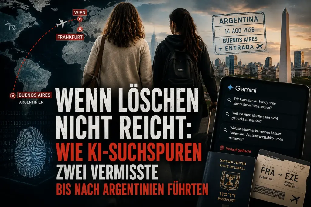 Zwei Frauen am Flughafen zwischen Reiseroute, Gemini-Suchanfragen und Buenos Aires, symbolische Darstellung