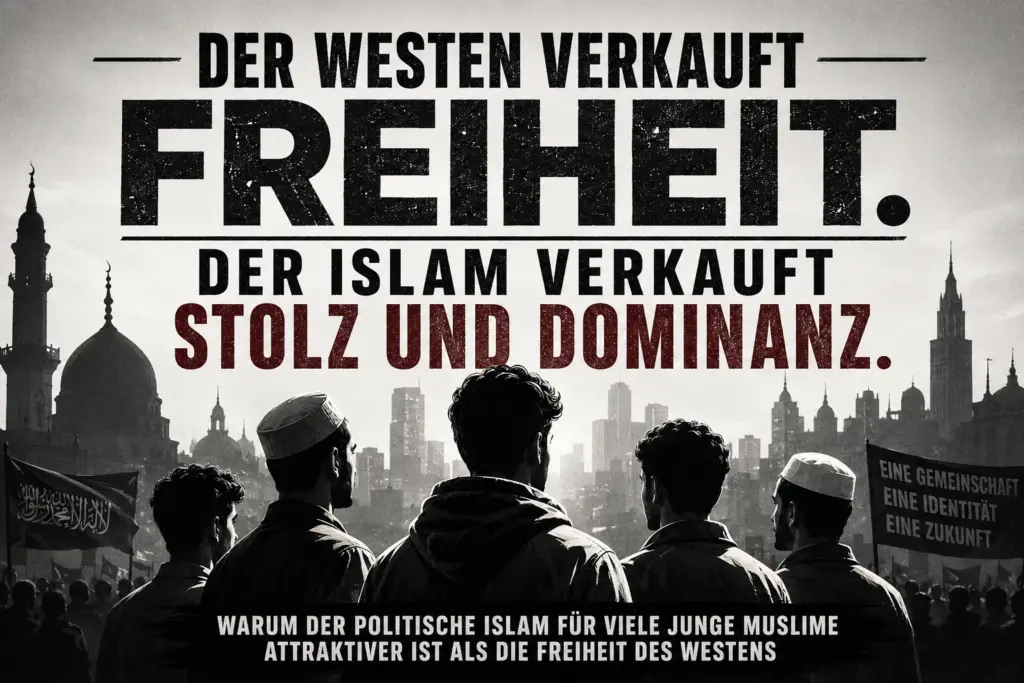 Schwarz-weiße Montage junger muslimischer Männer vor Moscheen und Stadtkulisse mit politischer Schlagzeile