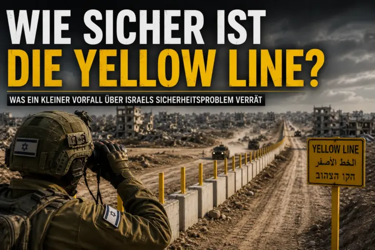 Israelischer Soldat beobachtet die Yellow Line im Gazastreifen mit Betonbarrieren und gelben Markierungen